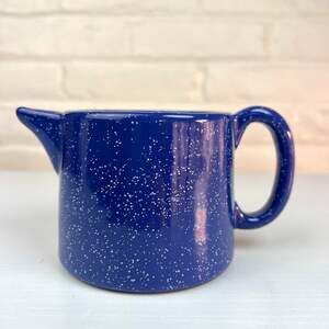 Cobalt Blue White Speckled Creamer Pitcher Small Ceramic Style Milk Jug Vintage